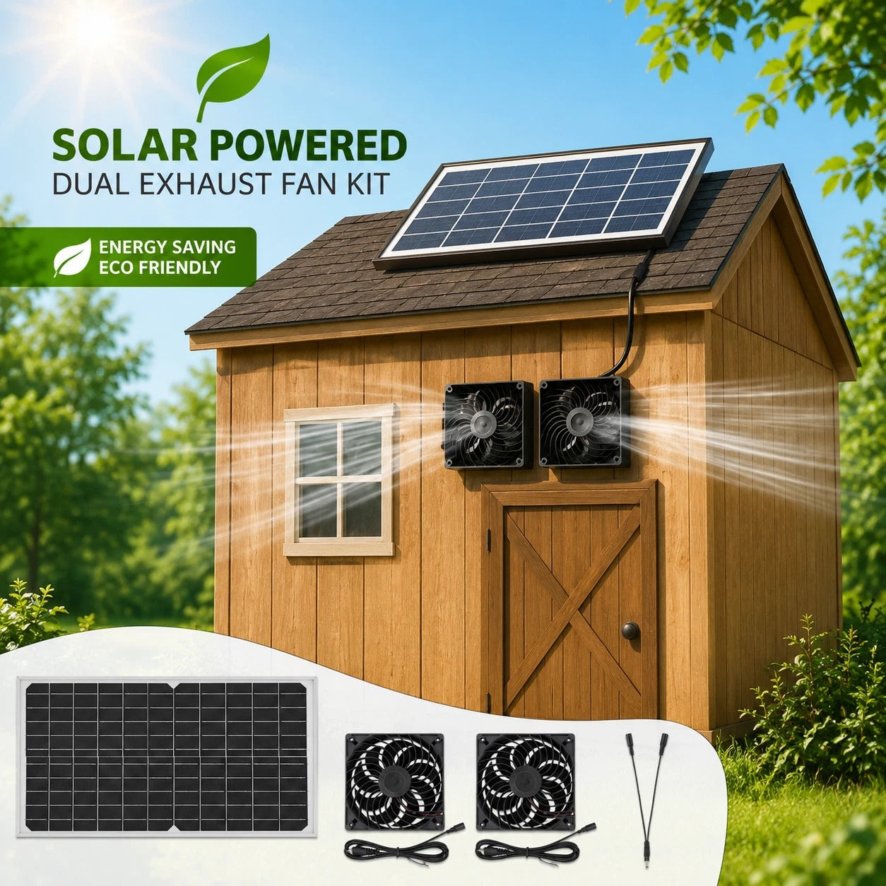 Solar Powered Vent Fan 16W Panel Dual Exhaust Fan Greenhouse Chicken Coop Kit