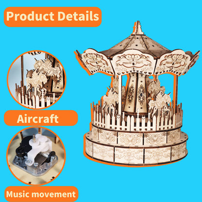 3D Wooden Carousel Music Box | DIY Puzzle Assembly Model Kit – product detail view