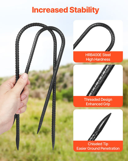 10" U-Shaped Galvanized Rebar Stakes, 12-Pack Ground Anchors – product detail view