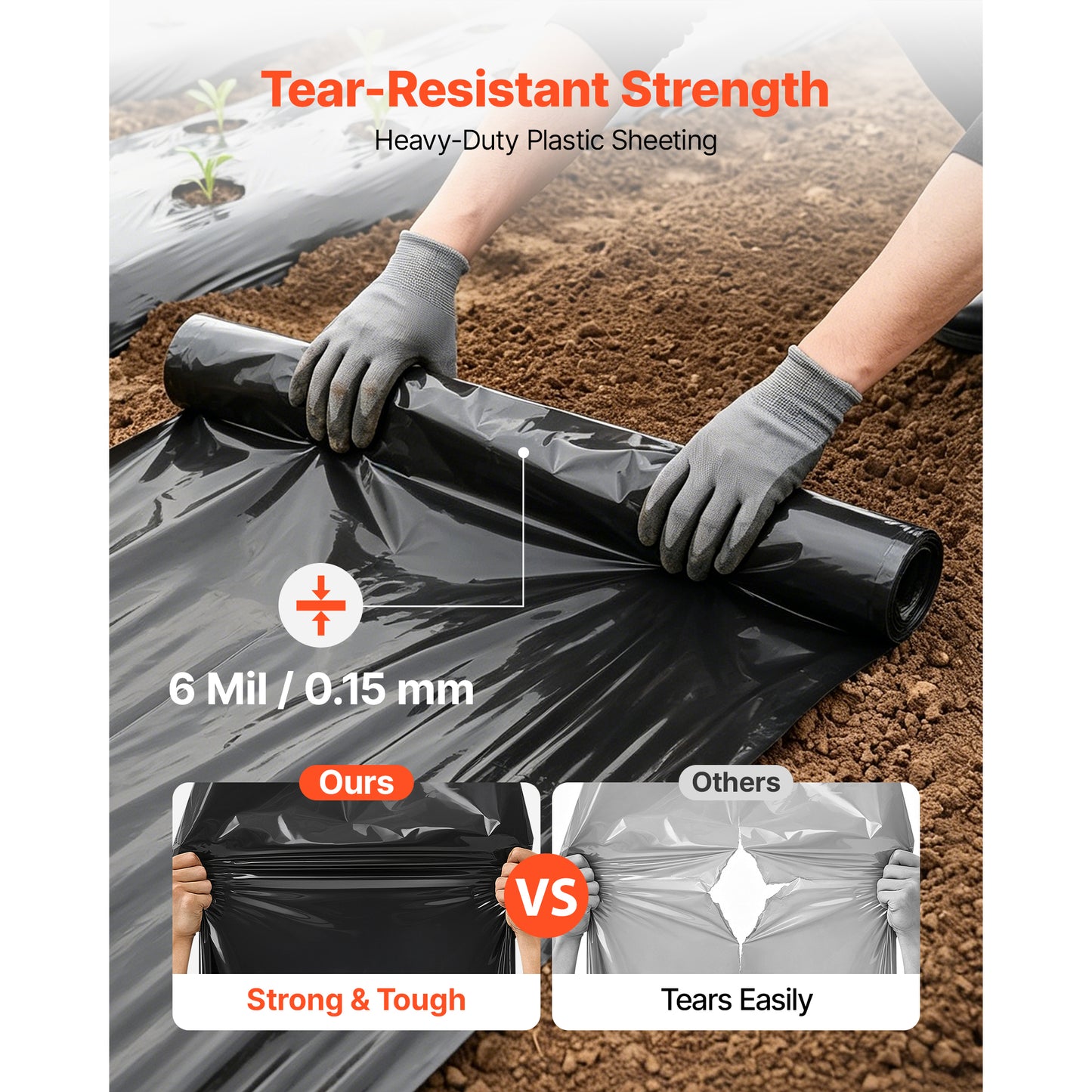 6 Mil Black Plastic Sheeting, 10 x 25 ft Heavy-Duty Polyethylene Roll – alternate product view