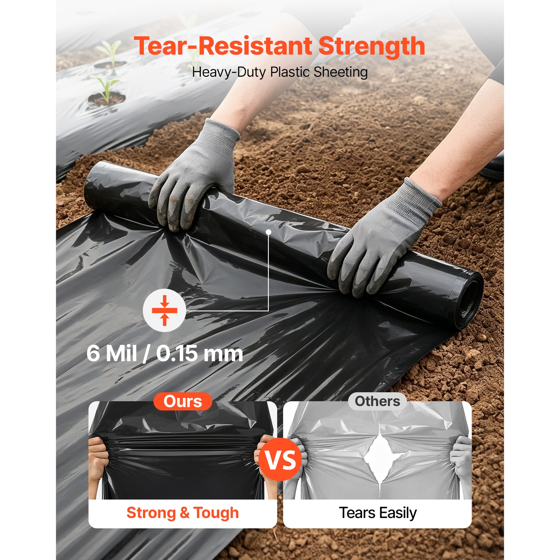 6 Mil Black Plastic Sheeting, 10 x 25 ft Heavy-Duty Polyethylene Roll – alternate product view