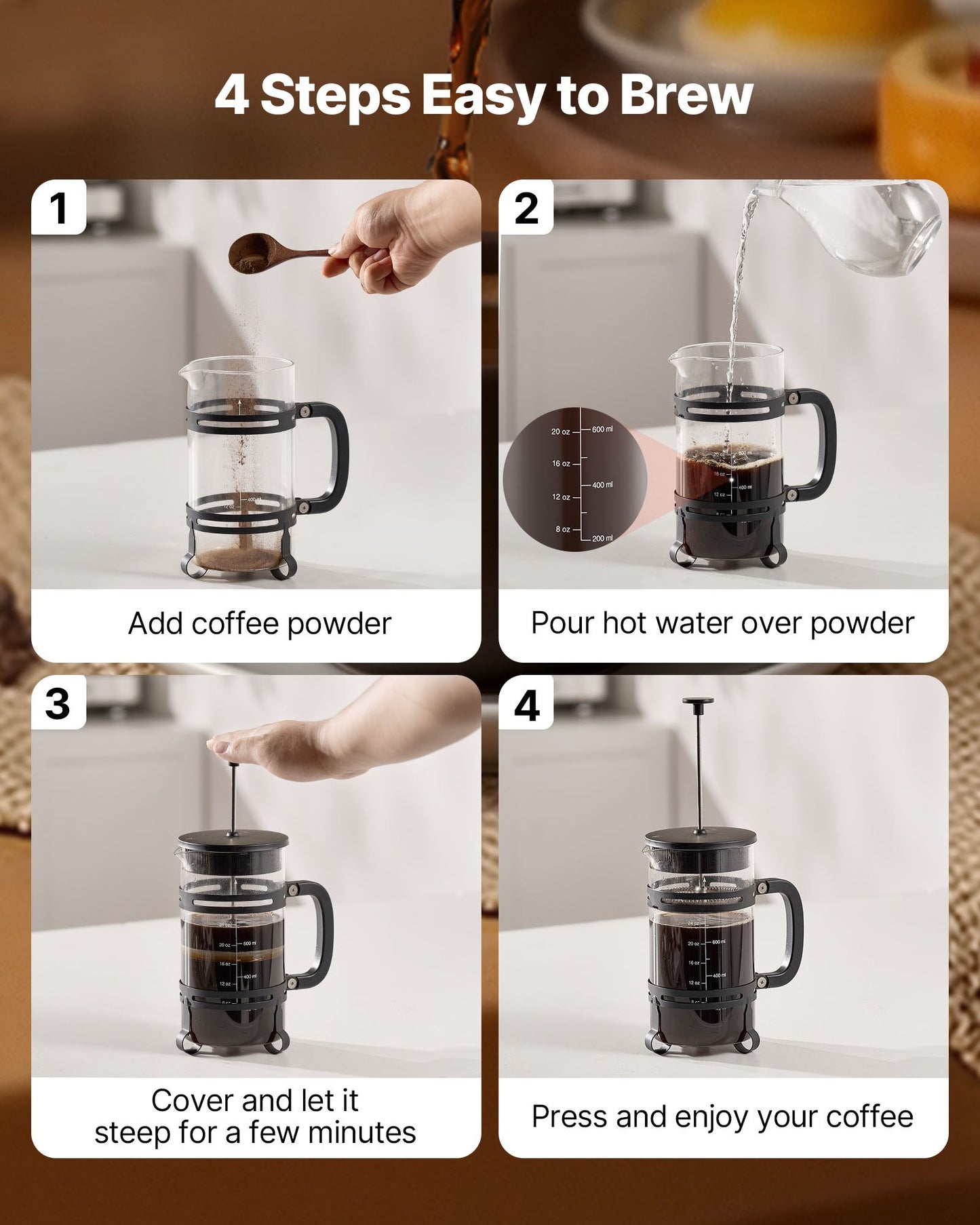 34 oz Borosilicate Glass French Press Coffee Maker, Silver – feature detail view