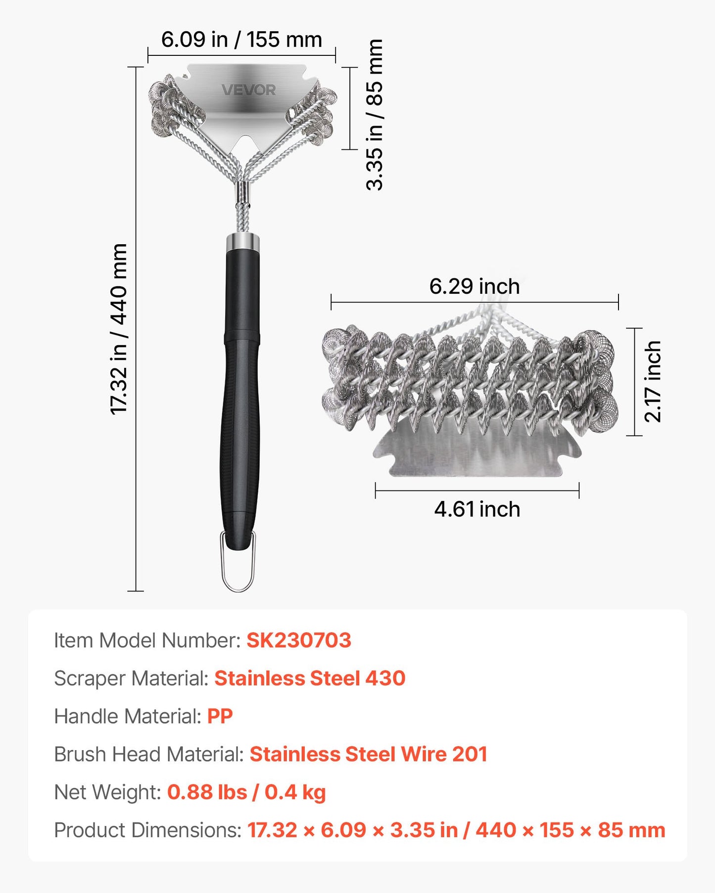 17" Bristle-Free Stainless Steel Grill Brush & Scraper for BBQ Grates – dimensions and specifications