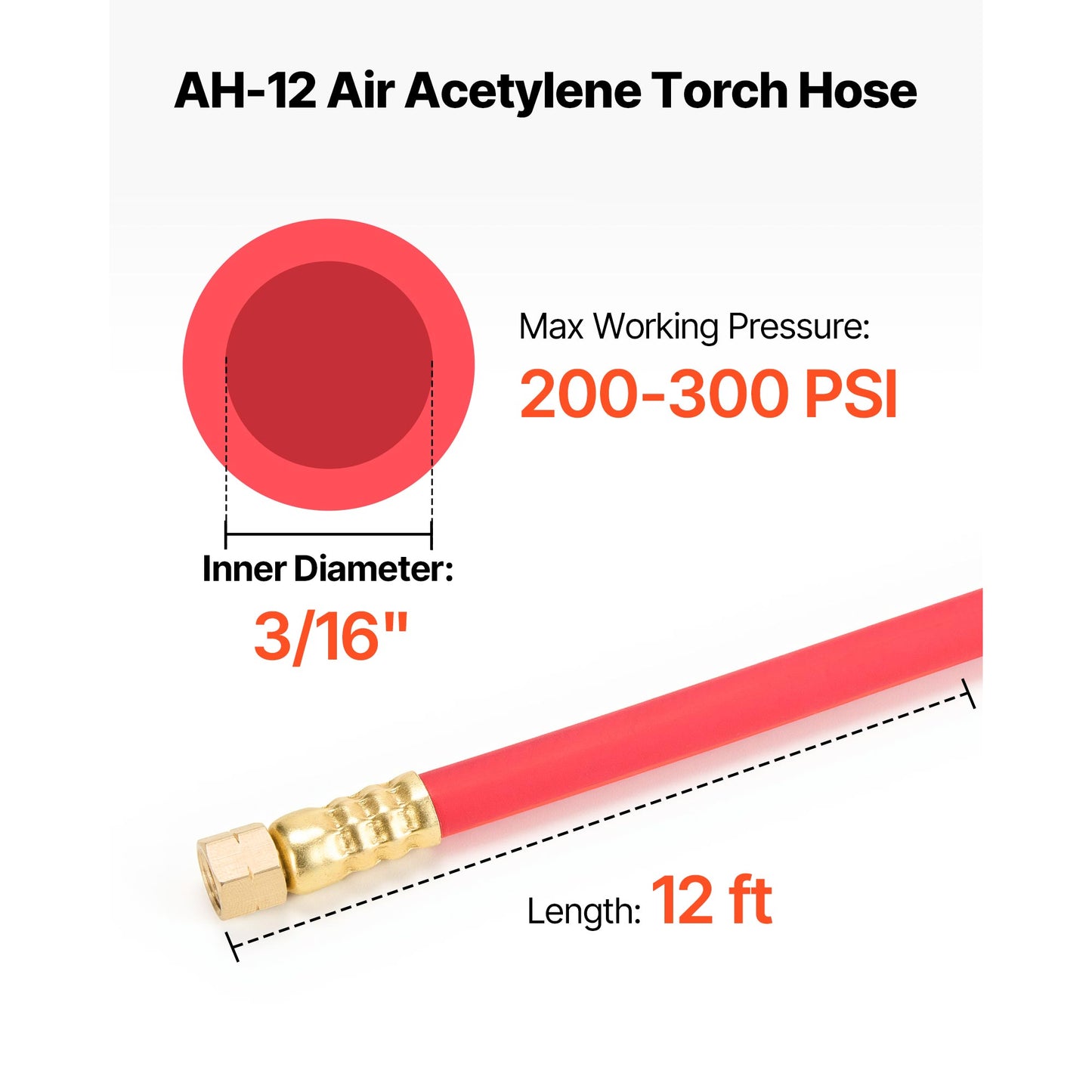 12 ft R-Grade Acetylene Torch Hose with 3/8-24 LH A-Type Fittings – alternate product view
