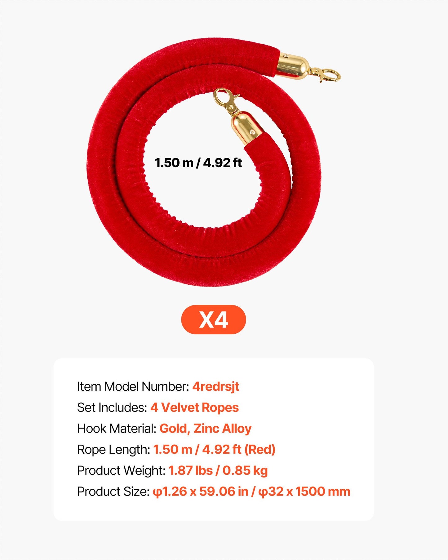 5 ft Red Velvet Stanchion Ropes with Gold Hooks, 4-Pack – main product view