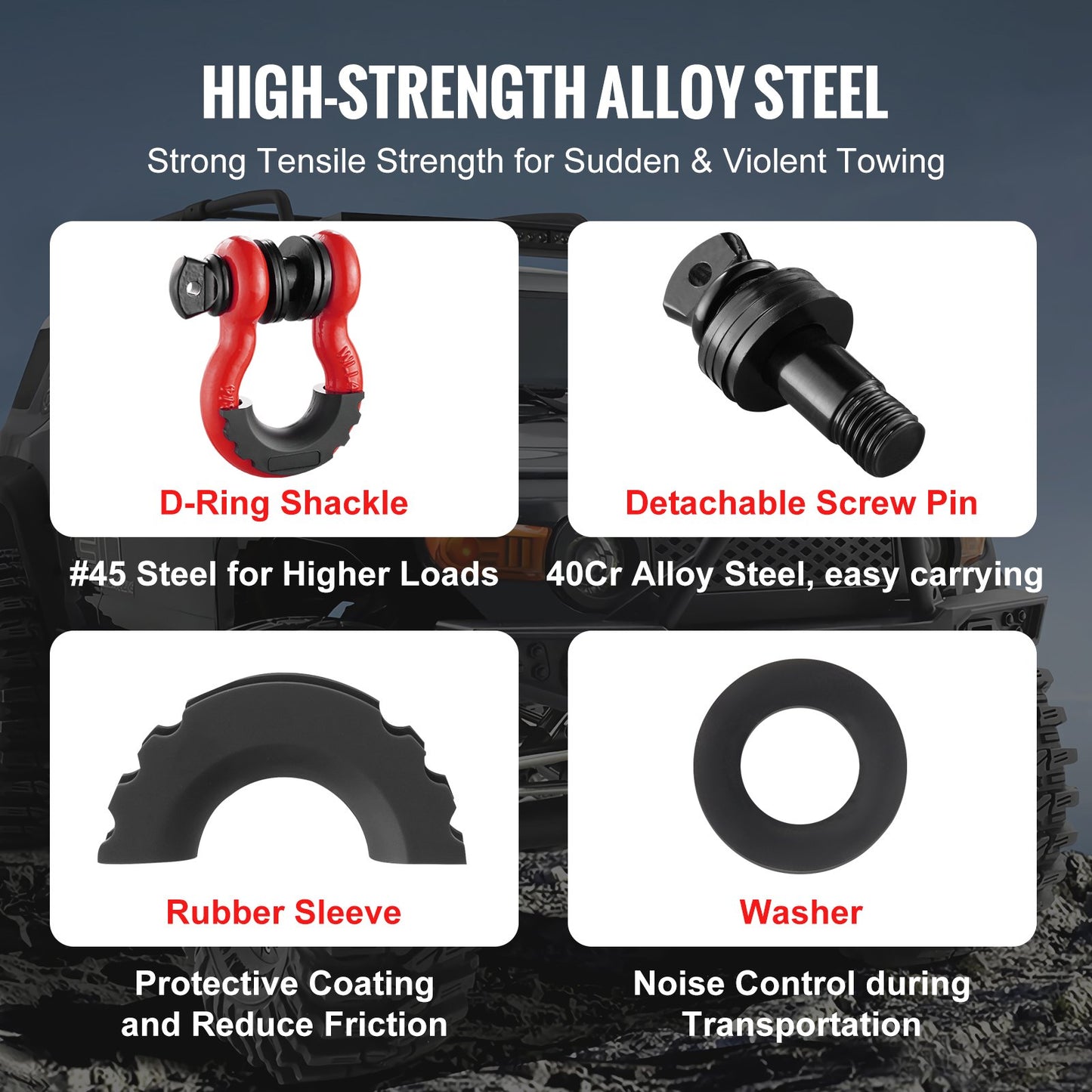 3/4" D-Ring Recovery Shackles 2-Pack, 28.5-Ton Break Strength, Red – product detail view