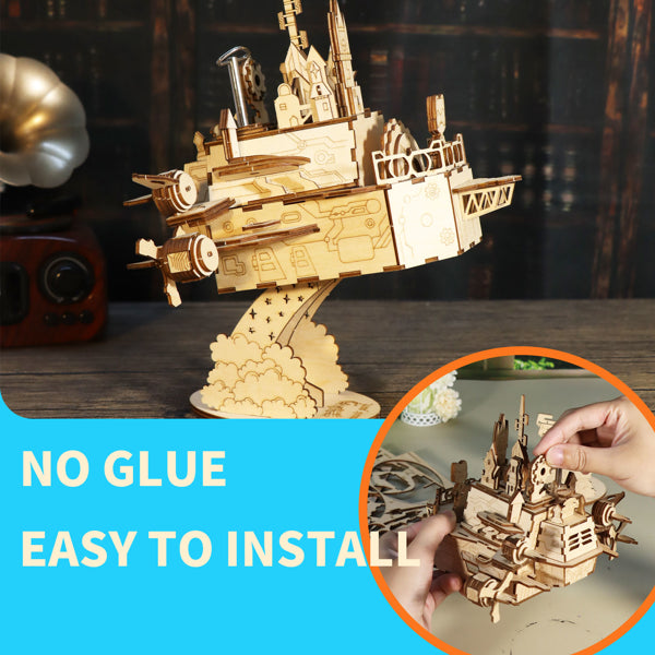 3D Wooden Moving Castle Music Box | DIY Puzzle Model Kit – feature detail view