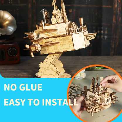 3D Wooden Moving Castle Music Box | DIY Puzzle Model Kit – feature detail view