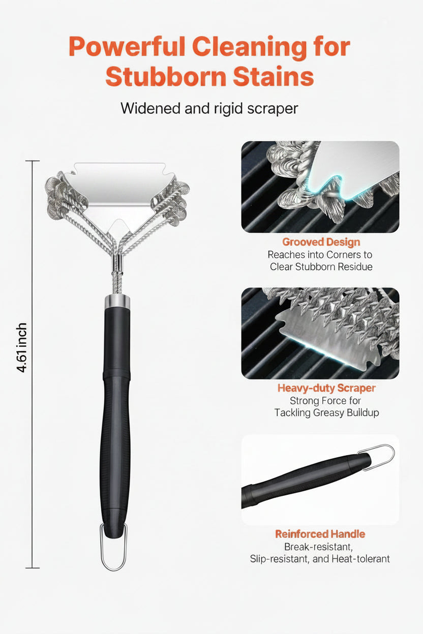 17" Bristle-Free Stainless Steel Grill Brush & Scraper for BBQ Grates – feature detail view