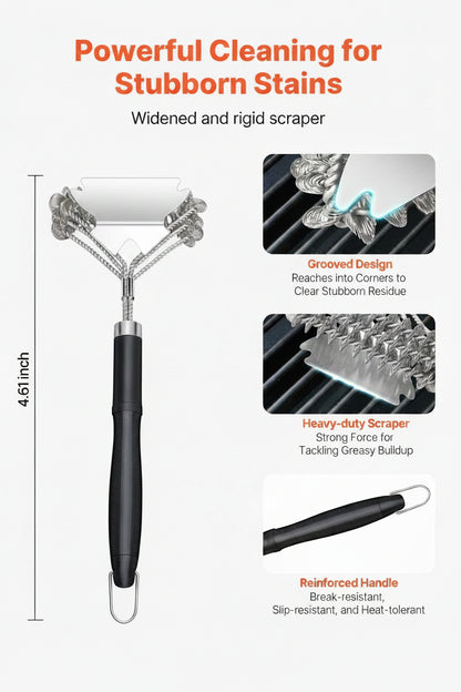 17" Bristle-Free Stainless Steel Grill Brush & Scraper for BBQ Grates – feature detail view