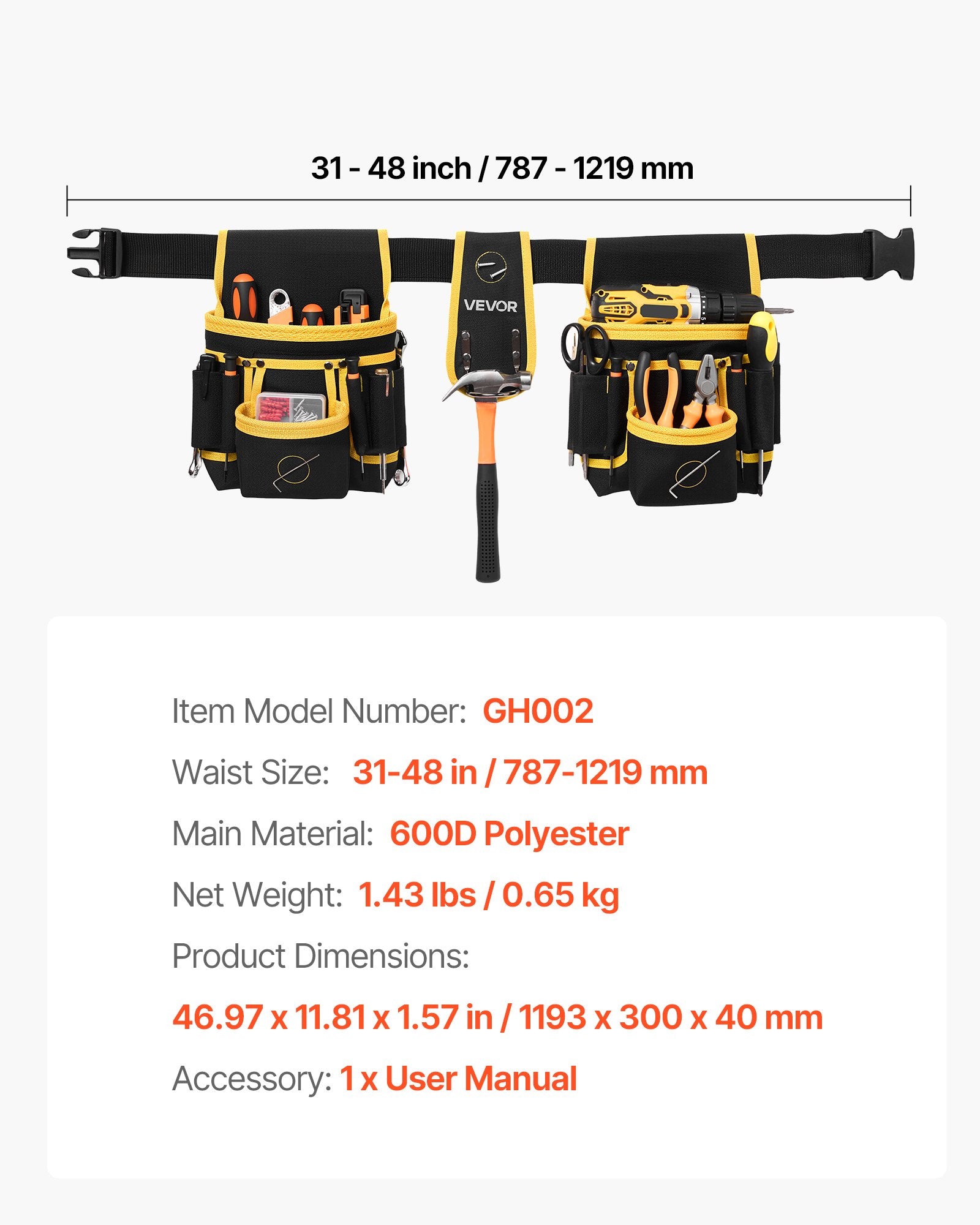 28-Pocket Magnetic Tool Belt & Pouch, Adjustable 31–48 in – dimensions and specifications