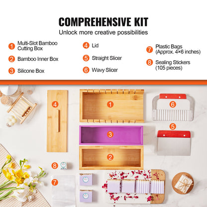 Soap Making Kit with Bamboo Cutting Box, Silicone Mold, Cutters, Bags and Stickers – product detail view