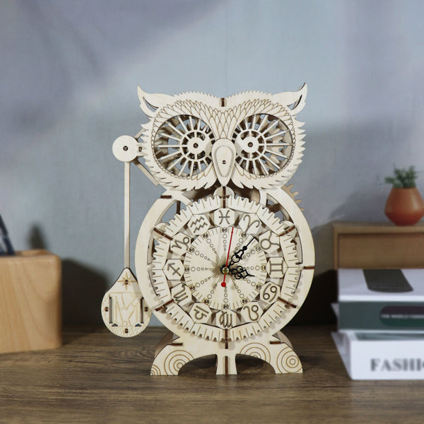 3D Wooden Owl Clock Puzzle Kit | DIY Mechanical Model Craft – feature detail view