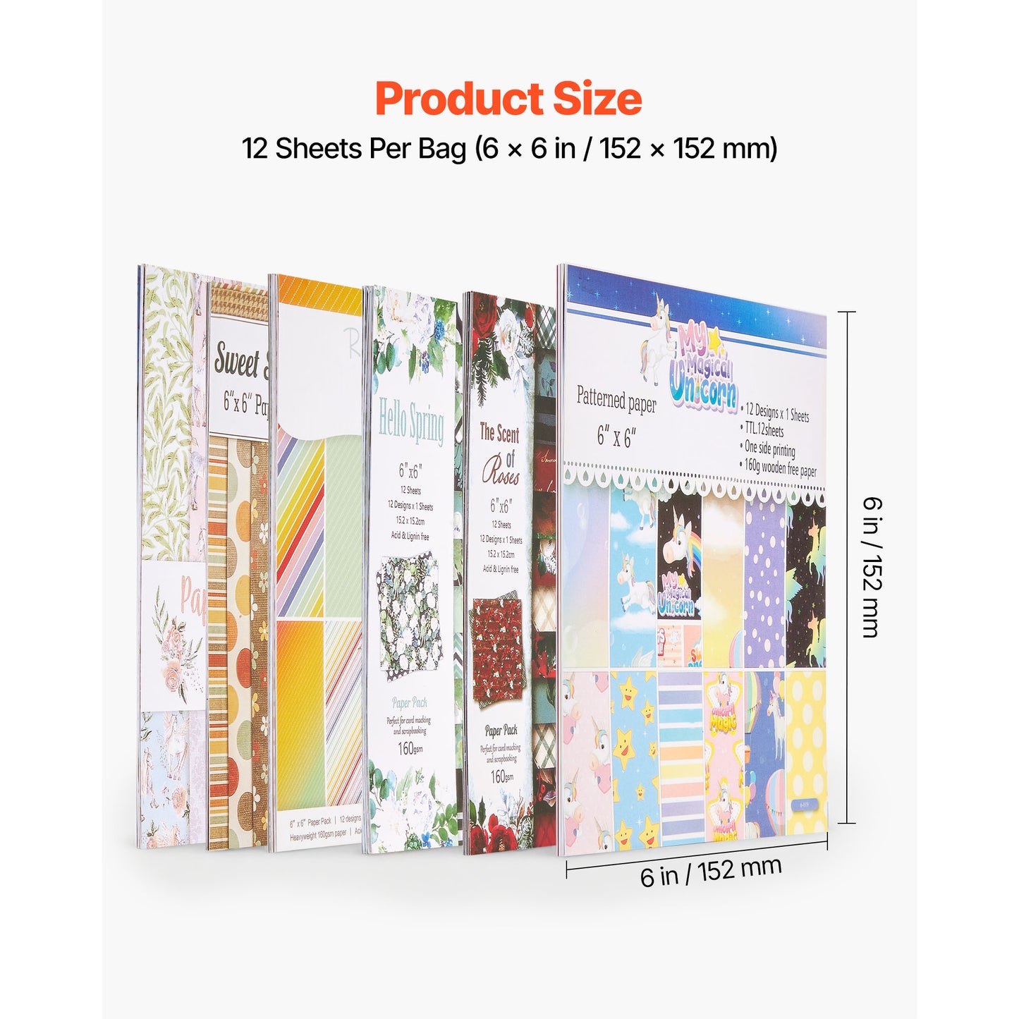 6 x 6 in Scrapbook Paper, 72-Sheet Patterned Craft Paper Set – product detail view