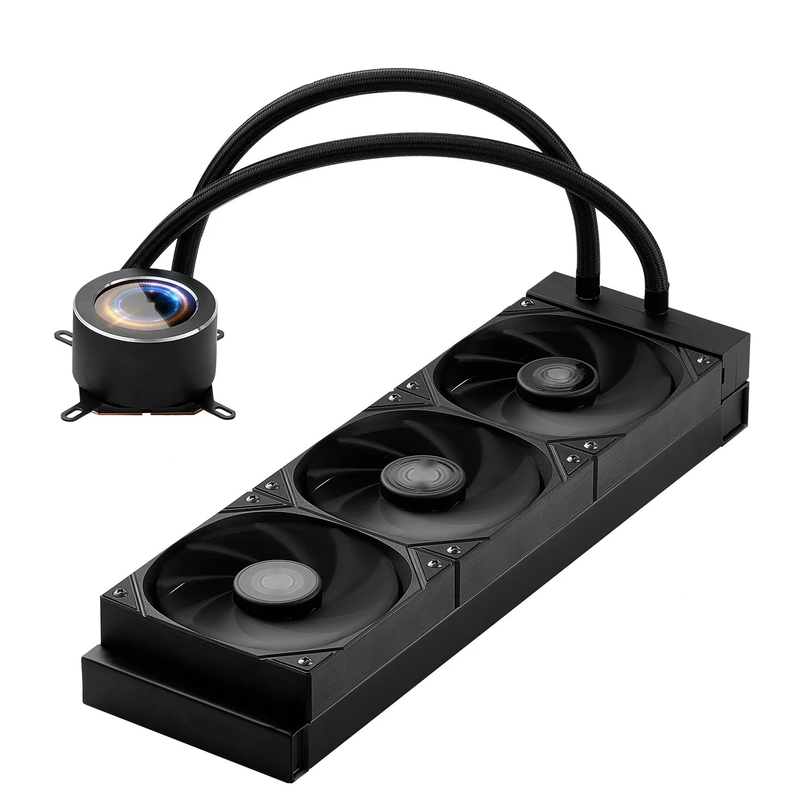 Computer cooling system with multiple fans and a pump on a white background