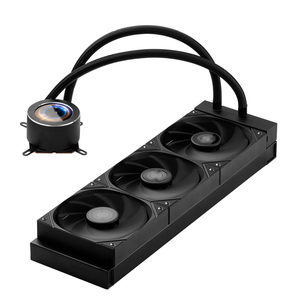 Computer cooling system with multiple fans and a pump on a white background