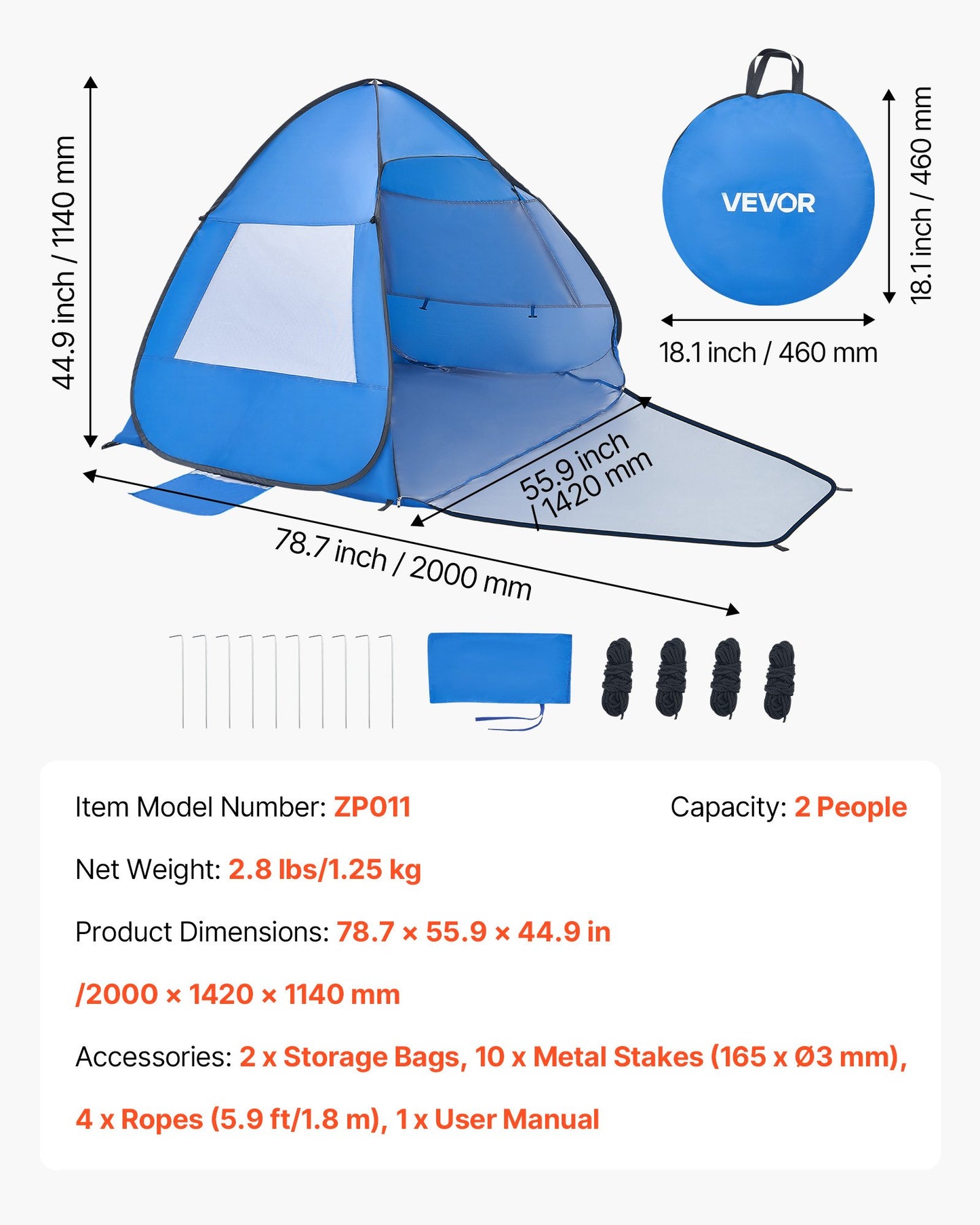 2-Person UPF 50+ Pop-Up Beach Tent with Carry Bag & Sand Pockets – dimensions and specifications