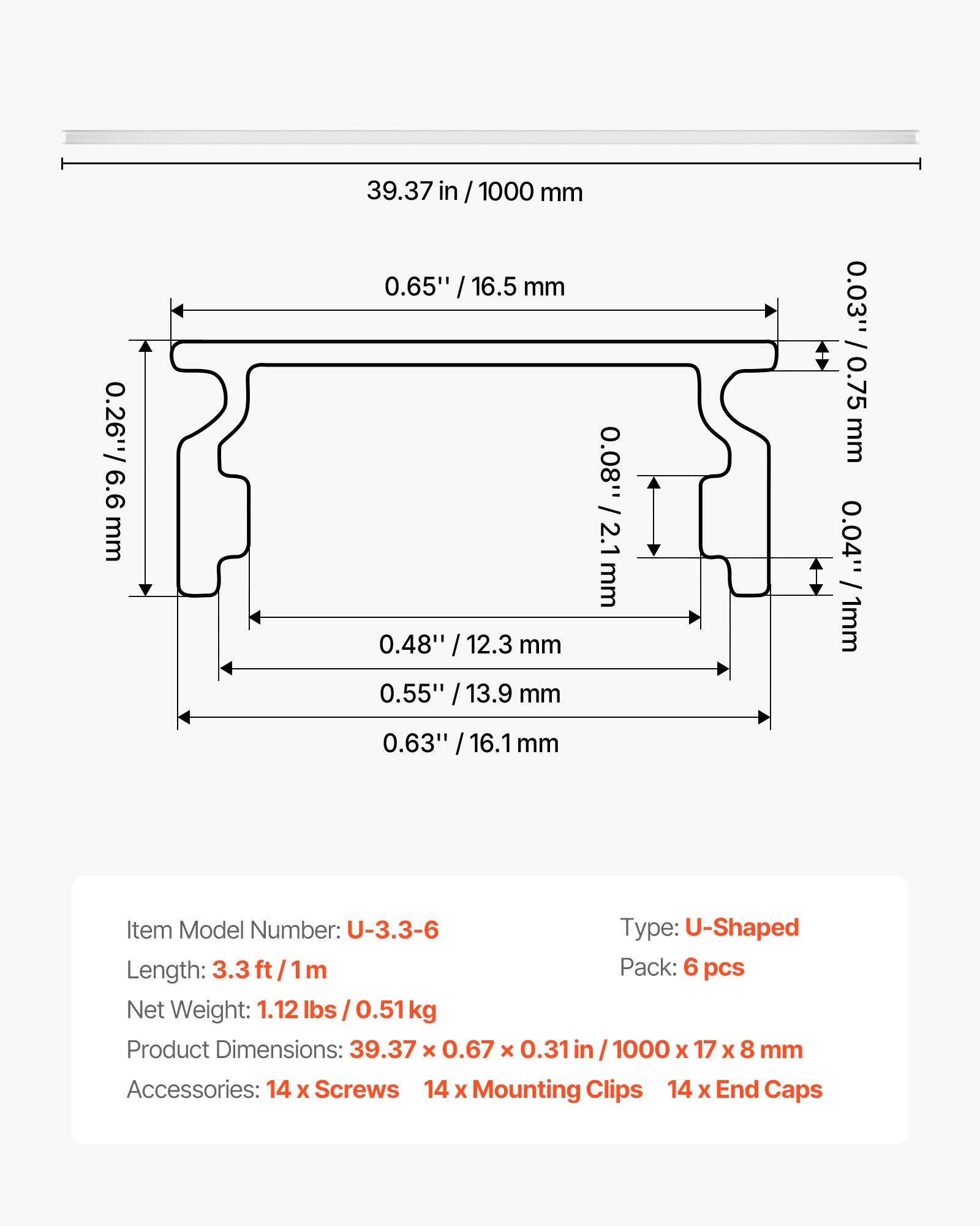 3.3 ft U-Shaped LED Aluminum Channels with Milky Covers, 6-Pack – main product view
