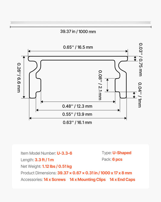 3.3 ft U-Shaped LED Aluminum Channels with Milky Covers, 6-Pack – main product view