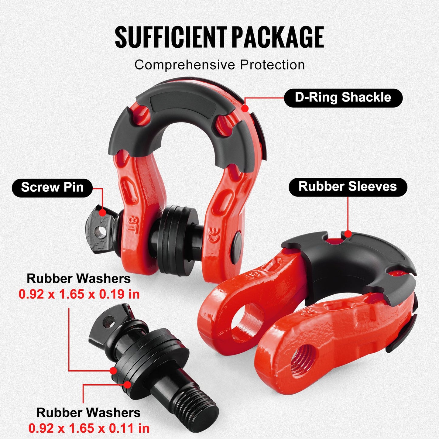3/4" D-Ring Recovery Shackles 2-Pack, 30-Ton Break Strength, Red – additional product view