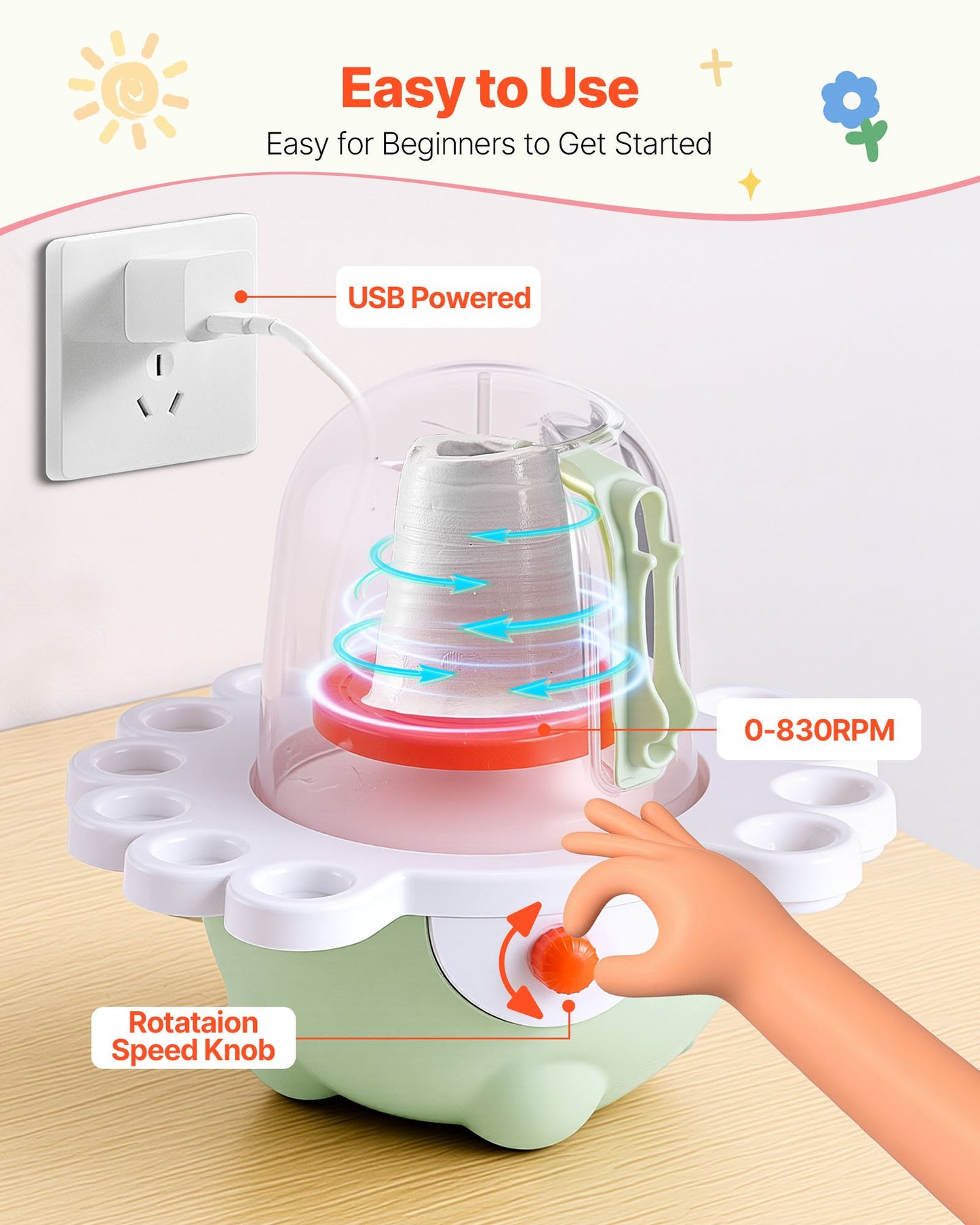 Mini Electric Pottery Wheel Kit with 2" & 3" Turntables, Green – feature detail view
