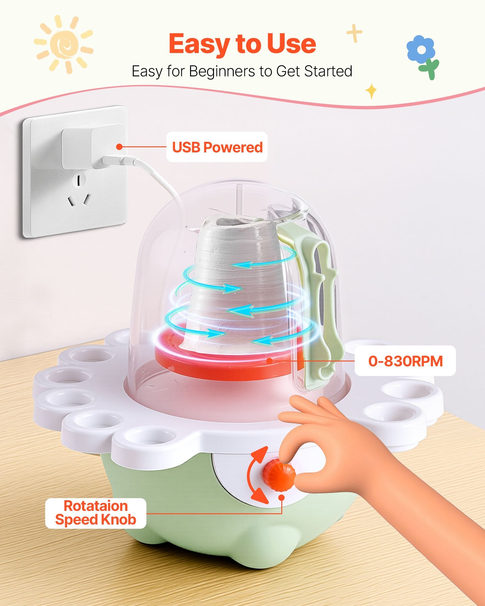 Mini Electric Pottery Wheel Kit with 2" & 3" Turntables, Green – feature detail view