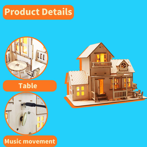 3D Wooden Dollhouse Music Box with LED Lights | DIY Model Kit – alternate product view
