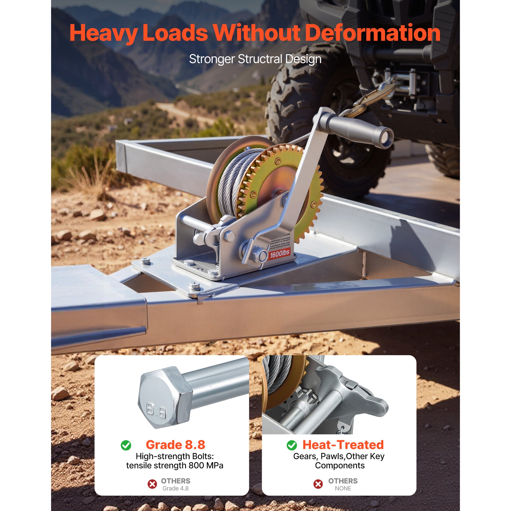 1600 lb Manual Boat Winch with 32.8 ft Steel Cable & Two-Way Ratchet – product detail view
