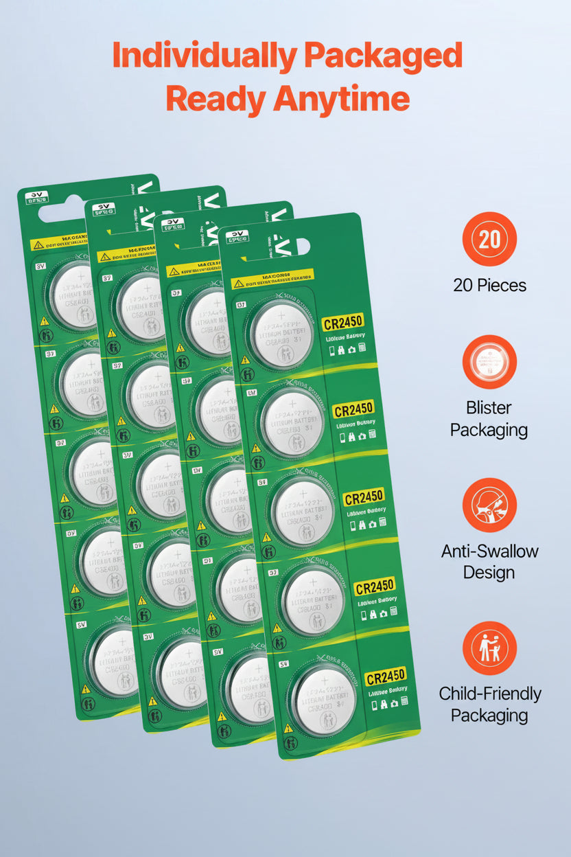 CR2450 3V Lithium Coin Cell Batteries, 20-Pack – feature detail view