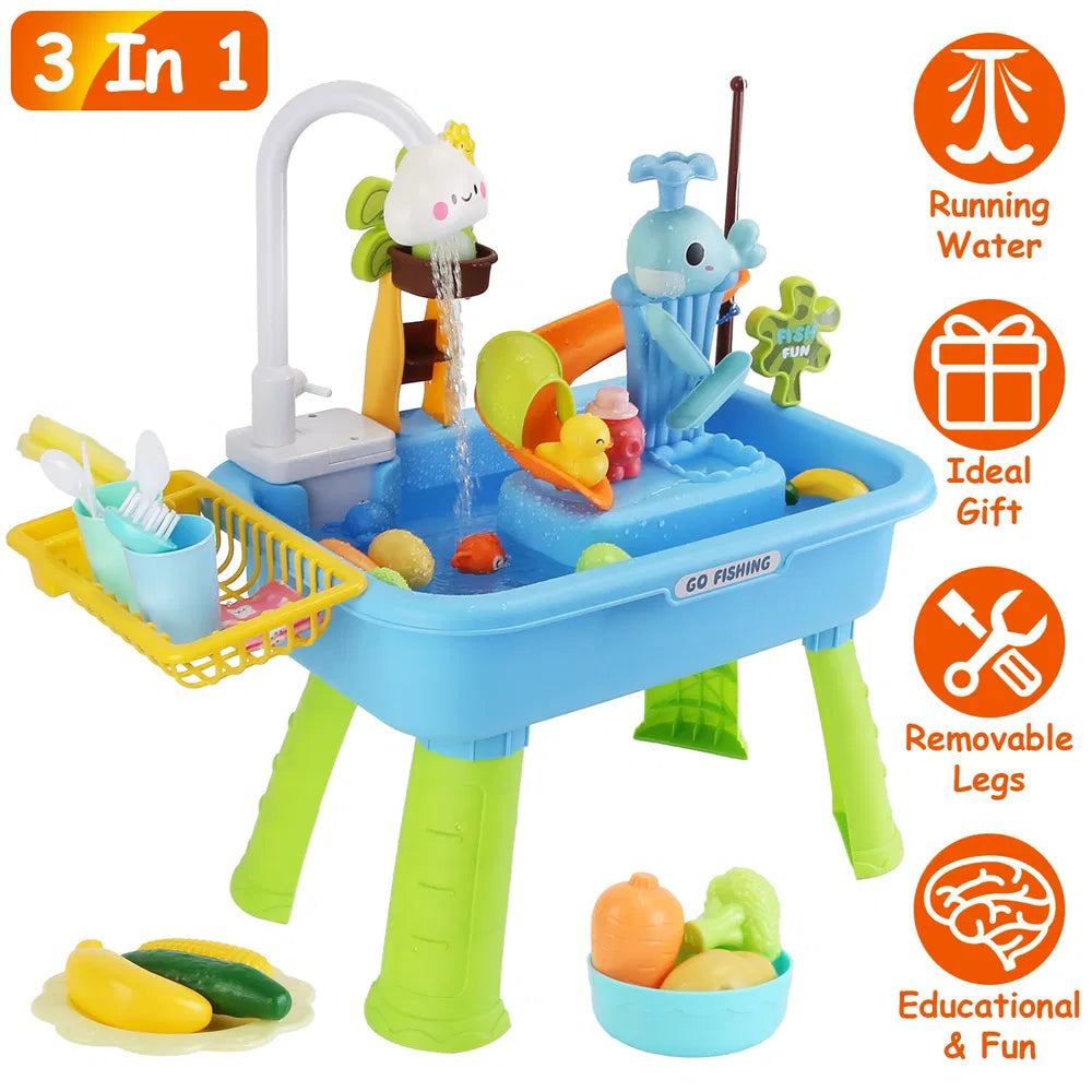 3-in-1 Kids Kitchen Sink Toy with Electric Faucet & Fishing Game – in-use product view