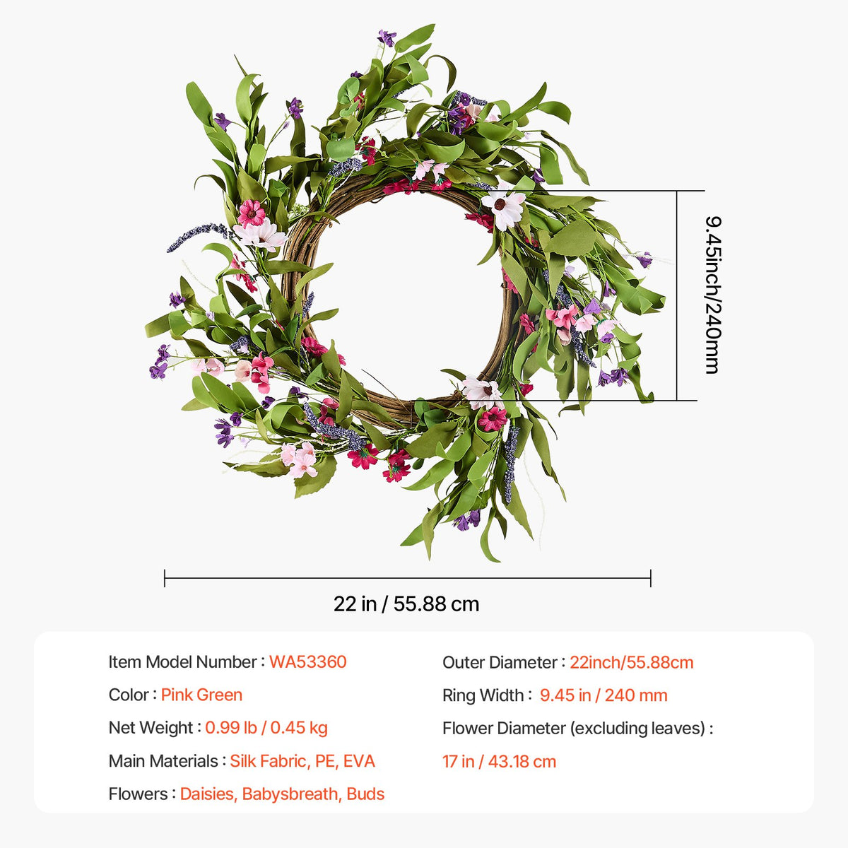 22 in Artificial Daisy Wreath – product detail view