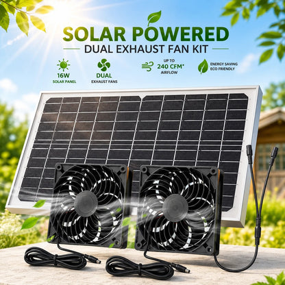 Solar Powered Vent Fan 16W Panel Dual Exhaust Fan Greenhouse Chicken Coop Kit