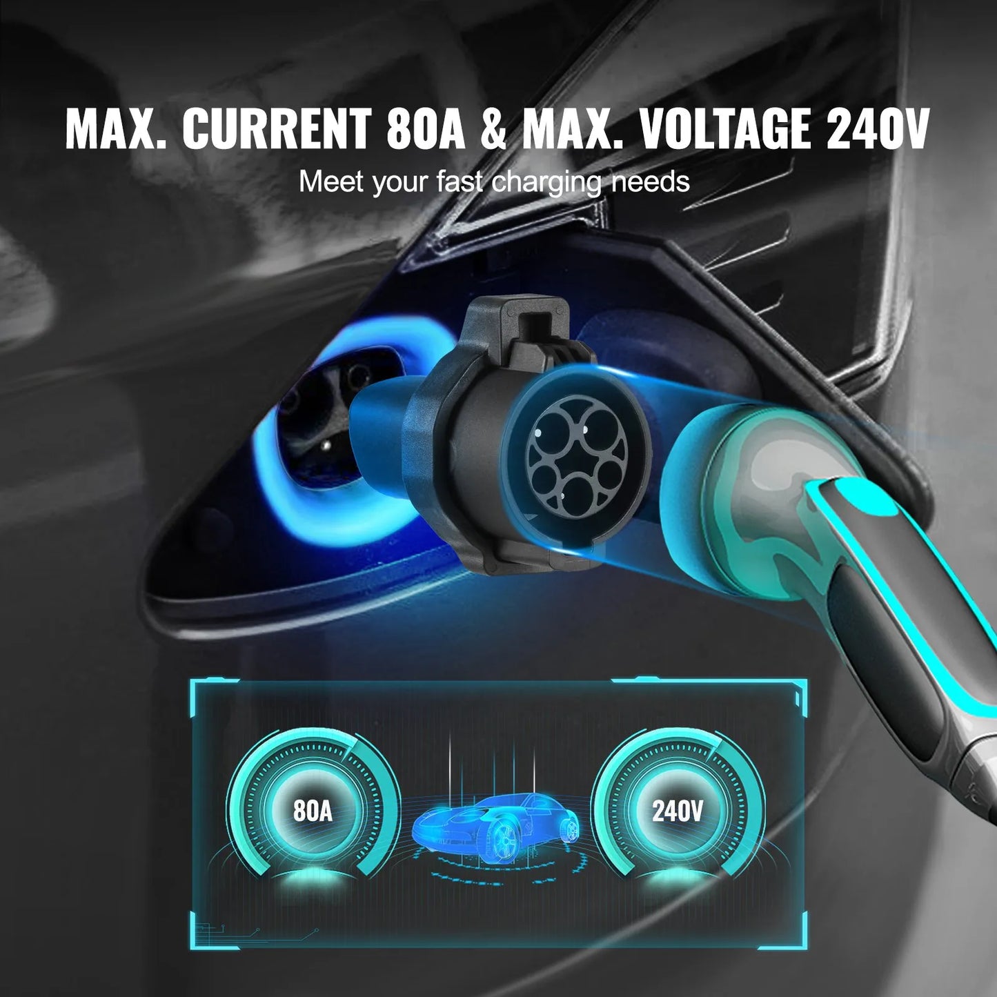 J1772 to NACS EV Charging Adapter 80A 240V Level 1/2 IP65 Locking – in-use product view