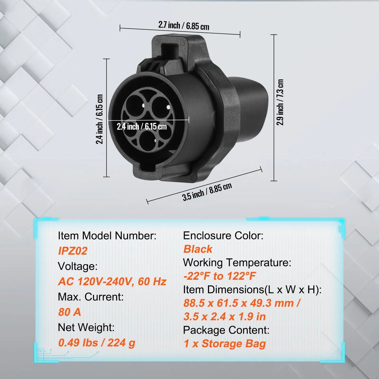 J1772 to NACS EV Charging Adapter 80A 240V Level 1/2 IP65 Locking – dimensions and specifications