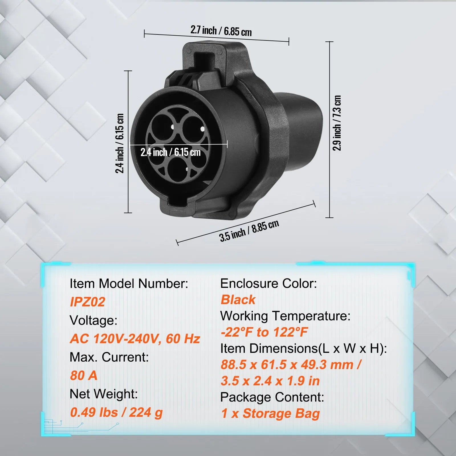J1772 to NACS EV Charging Adapter 80A 240V Level 1/2 IP65 Locking – dimensions and specifications