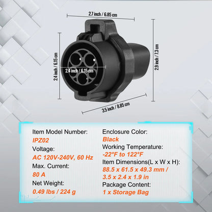 J1772 to NACS EV Charging Adapter 80A 240V Level 1/2 IP65 Locking – dimensions and specifications