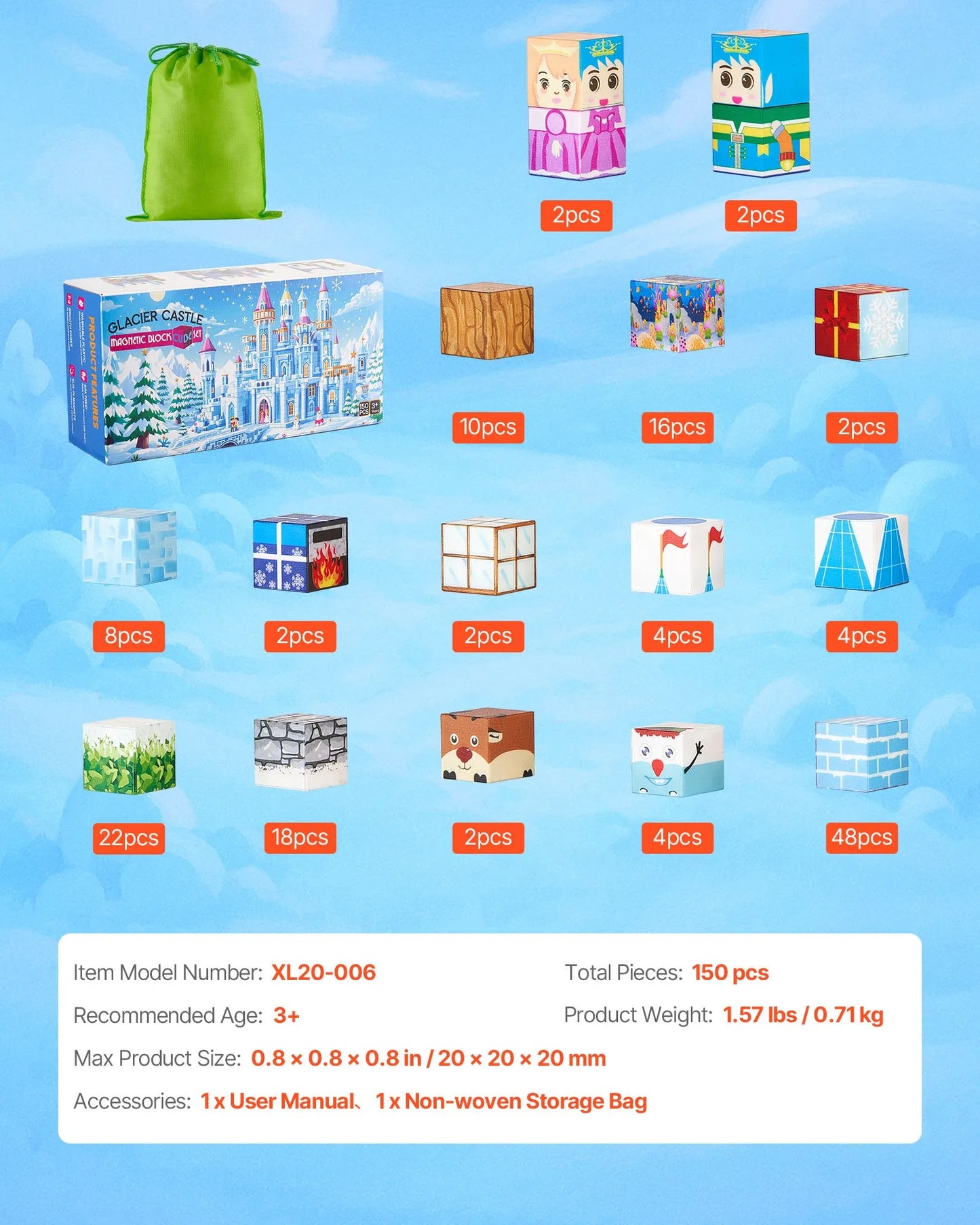 Magnetic Building Cubes 150-Piece Ice Castle Set STEM Building Toy Ages 5-9