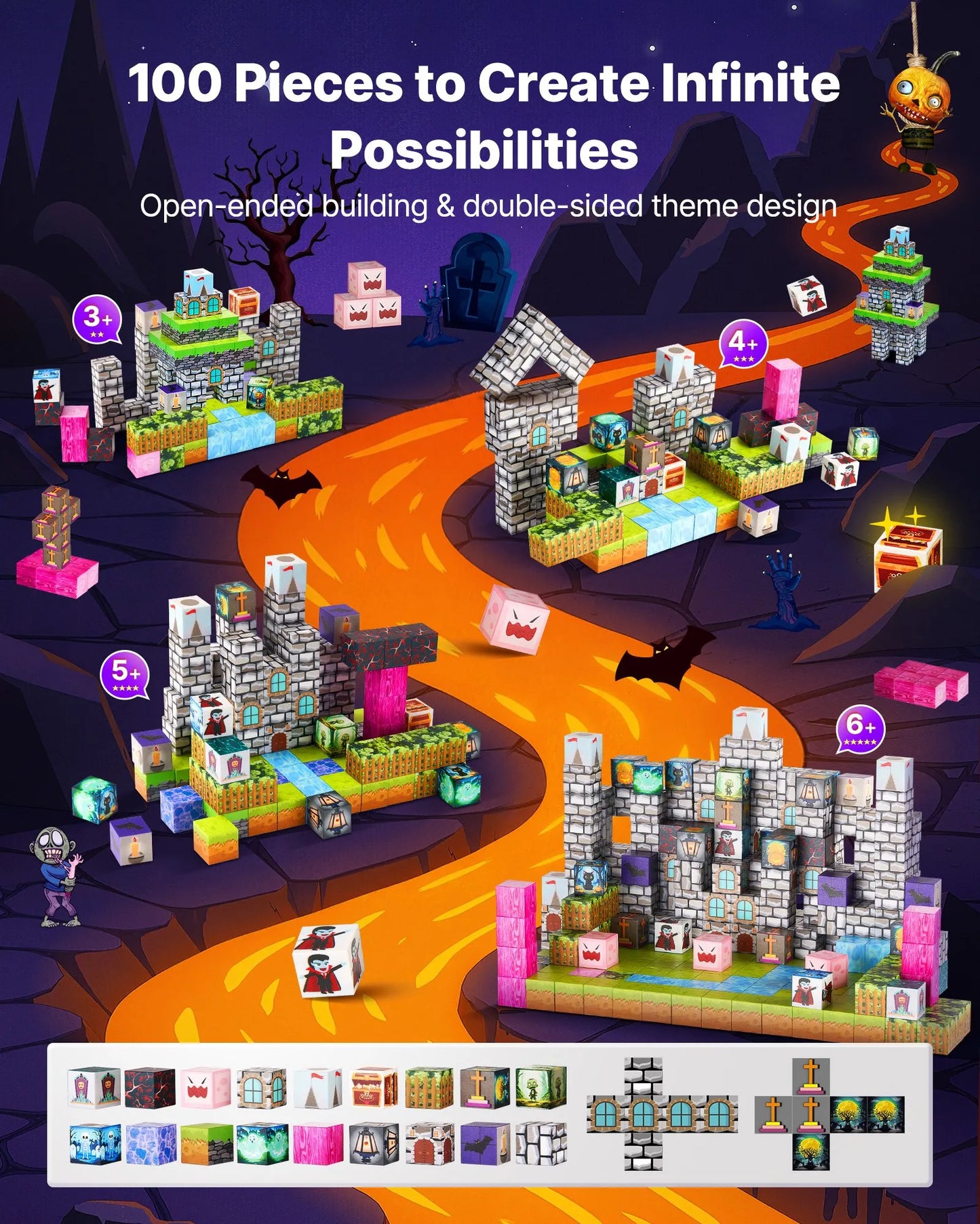 Halloween Magnetic Building Cubes 100-Piece Castle & Graveyard Set Ages 3+