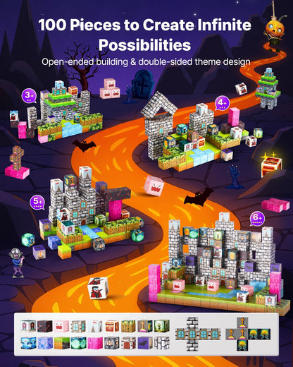 Halloween Magnetic Building Cubes 100-Piece Castle & Graveyard Set Ages 3+