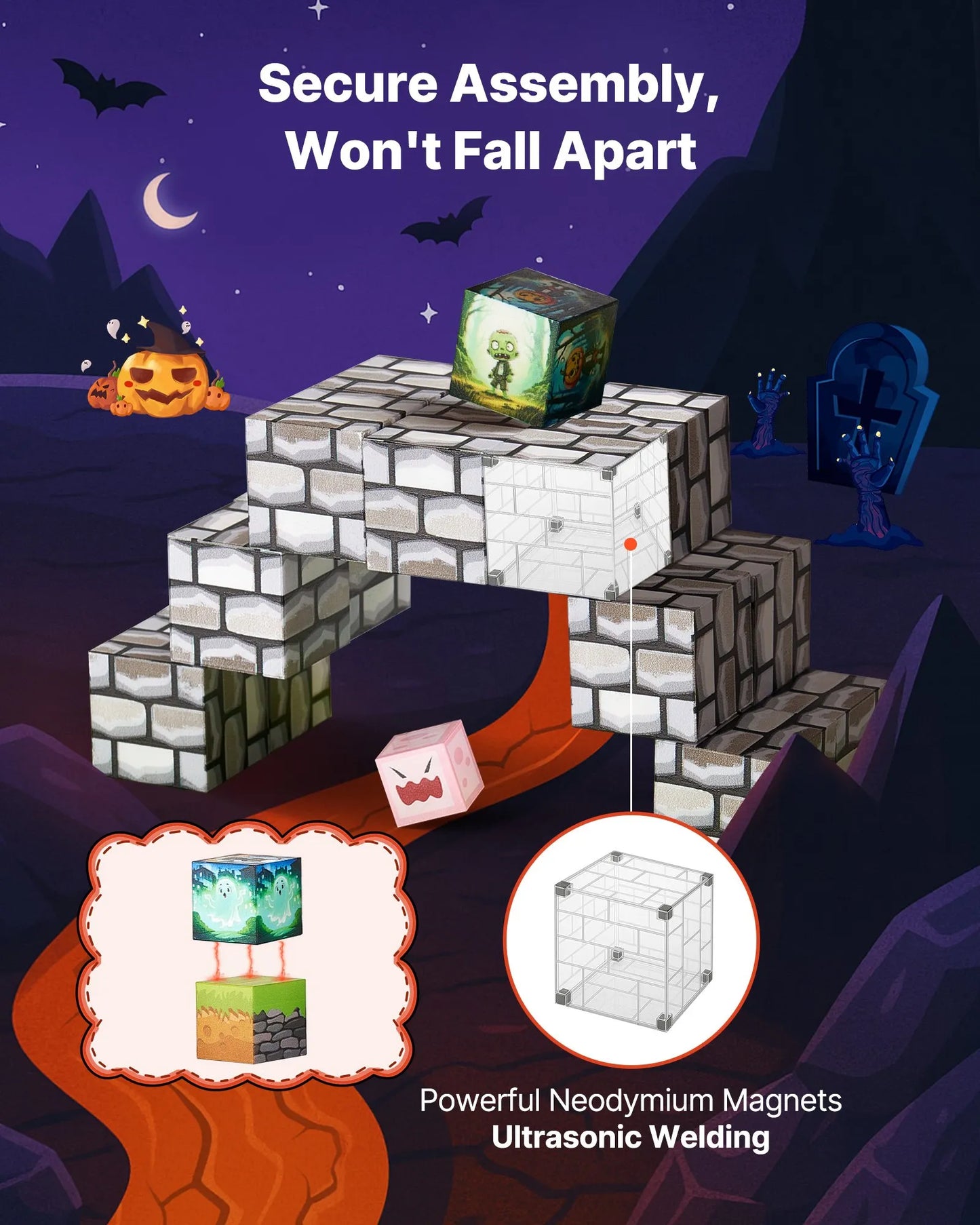 Halloween Magnetic Building Cubes 100-Piece Castle & Graveyard Set Ages 3+