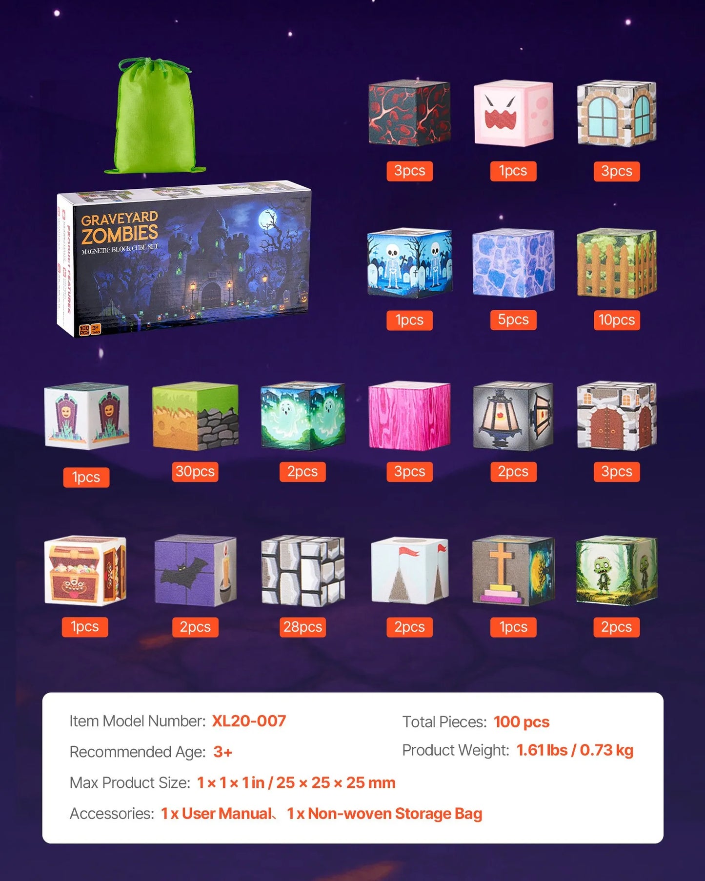 Halloween Magnetic Building Cubes 100-Piece Castle & Graveyard Set Ages 3+
