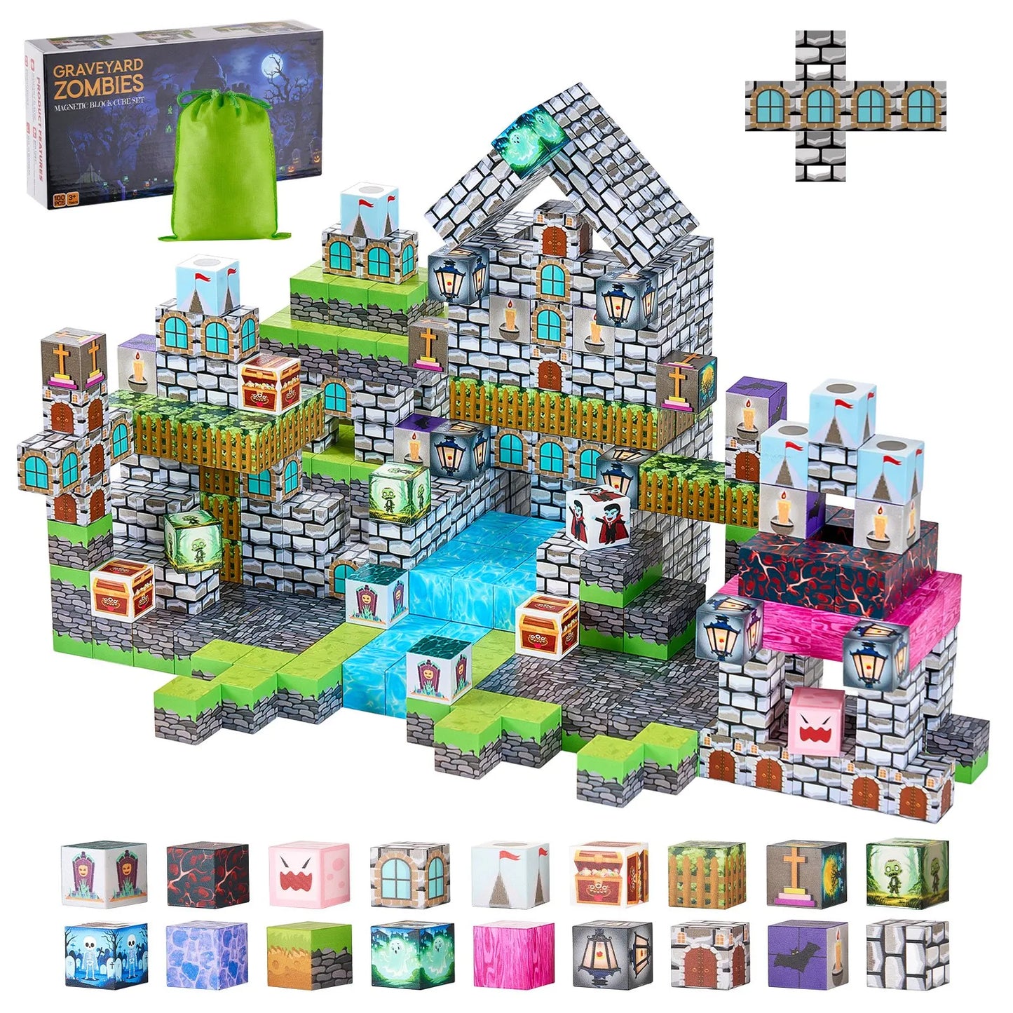 Halloween Magnetic Building Cubes 100-Piece Castle & Graveyard Set Ages 3+