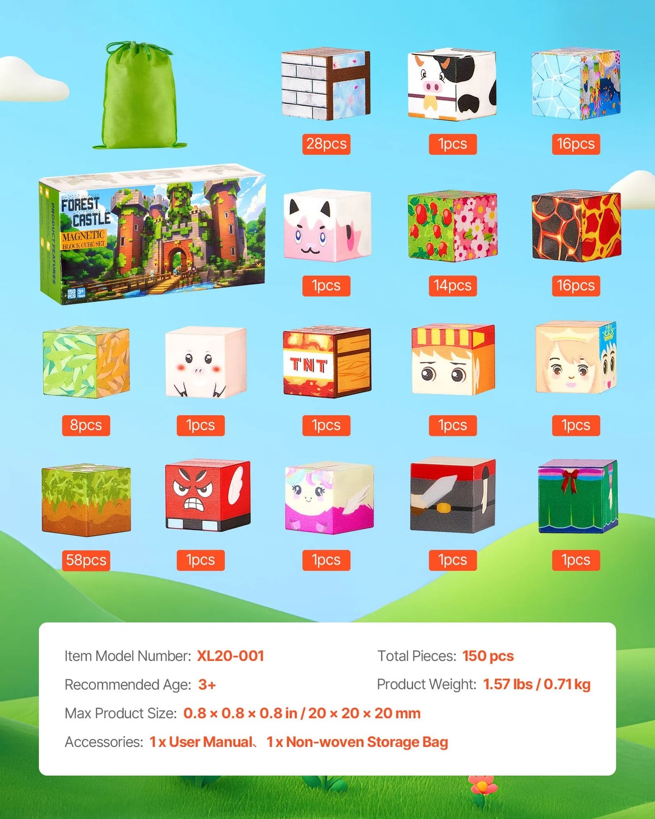Full 150 piece breakdown of the magnetic castle building block set