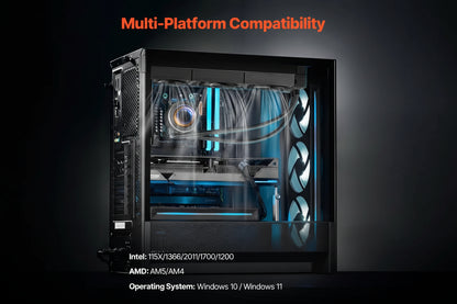 Computer case with transparent side panel showing internal components, featuring text about multi-platform compatibility.