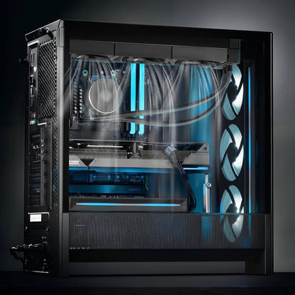 Computer case with transparent side panel showing internal components on a dark background