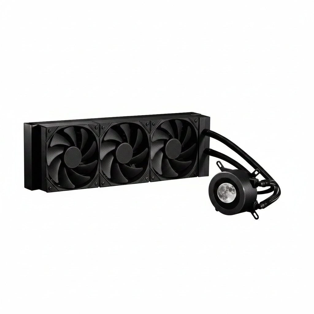 Computer cooling system with three fans and a pump on a white background
