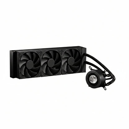 Computer cooling system with three fans and a pump on a white background