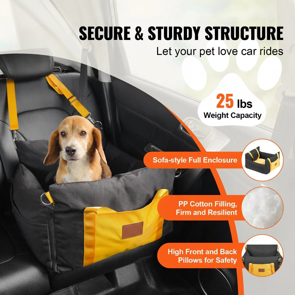 Pet car seat cover with features highlighted on a car seat.