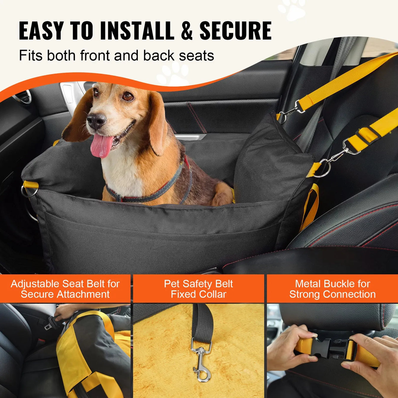 Adjustable buckle straps securing a pet booster seat to a vehicle seat back