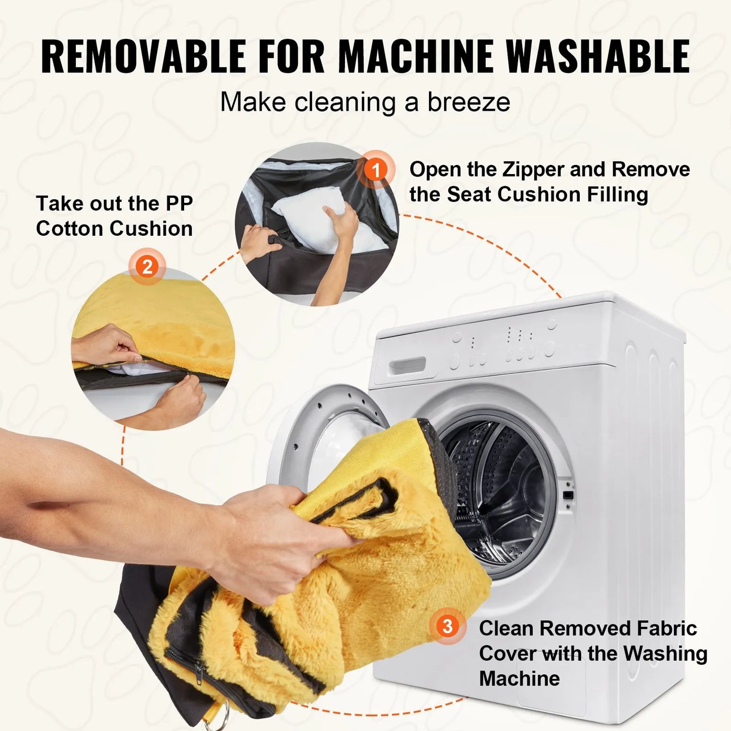 Instructions for removing seat cushion filling and washing it with a washing machine.